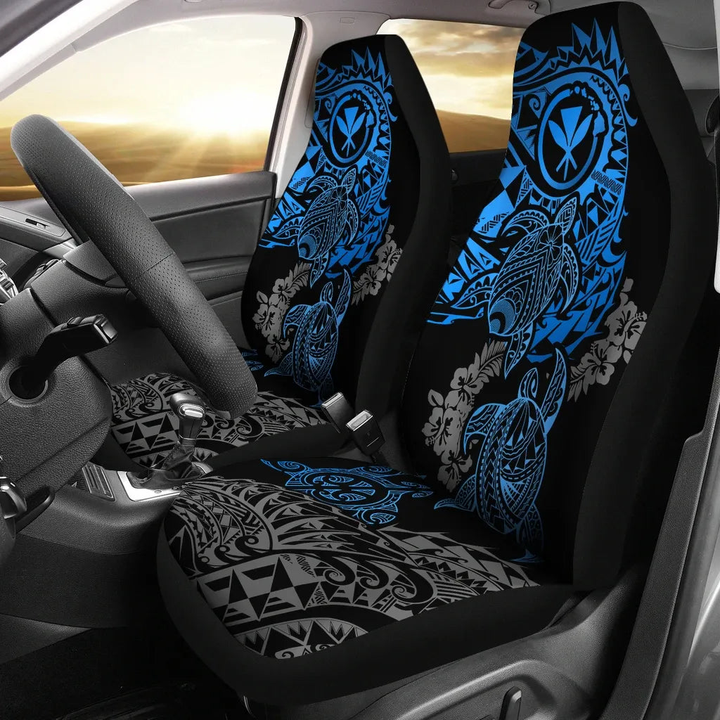 Hawaii Polynesian Seat Covers - Blue Kanaka Maoli Turtle Hibiscus Flowing
