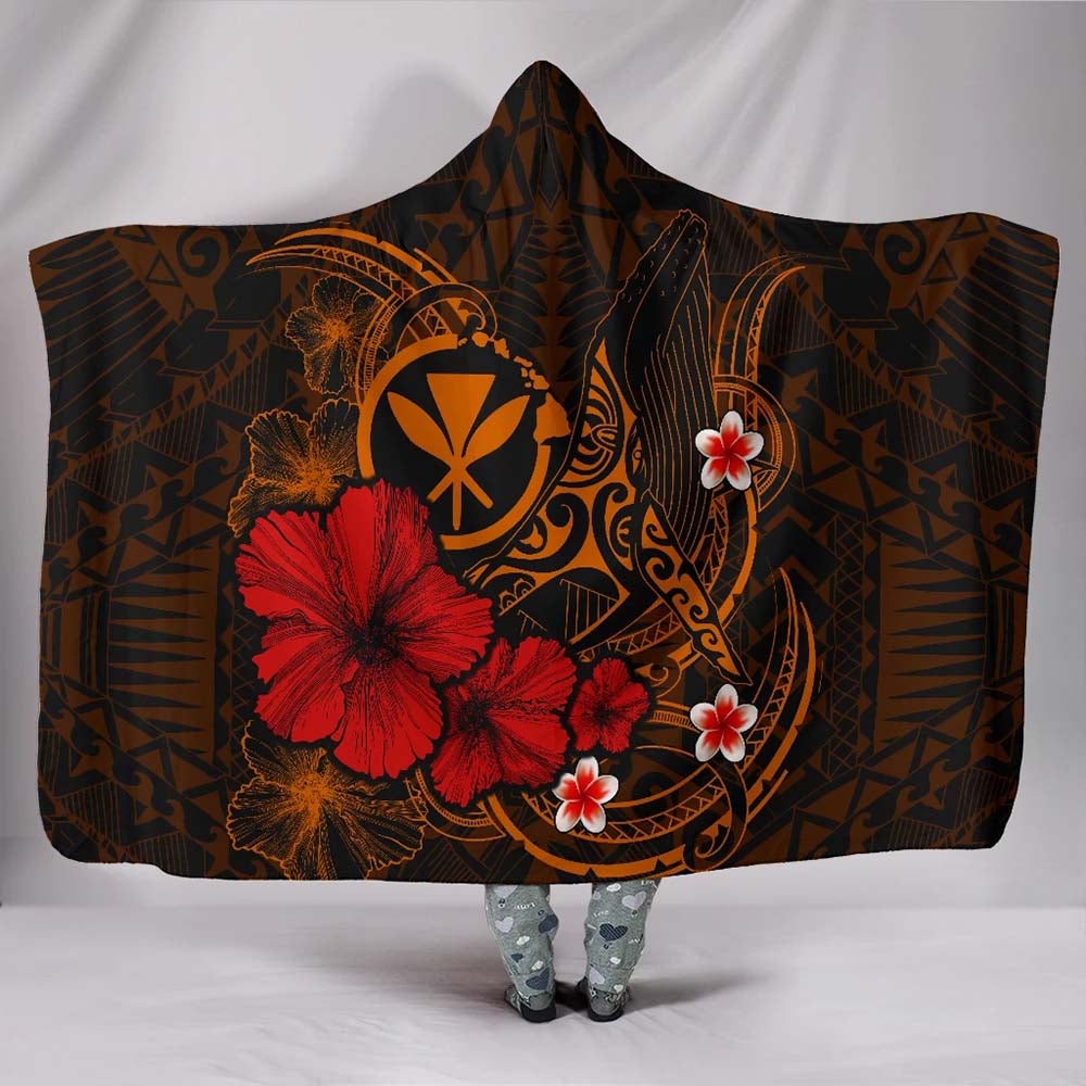 Polynesian Hawaii Kanaka Maoli Hooded Blanket - Humpback Whale with Hibiscus (Golden)