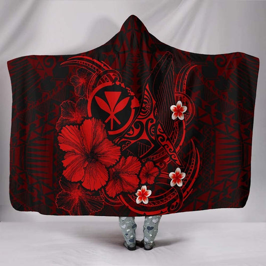 Polynesian Hawaii Kanaka Maoli Hooded Blanket - Humpback Whale with Hibiscus (Red)