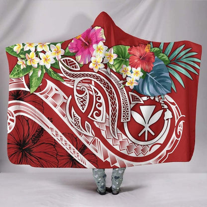 Polynesian Hawaii Kanaka Maoli Hooded Blanket - Summer Plumeria (Red)