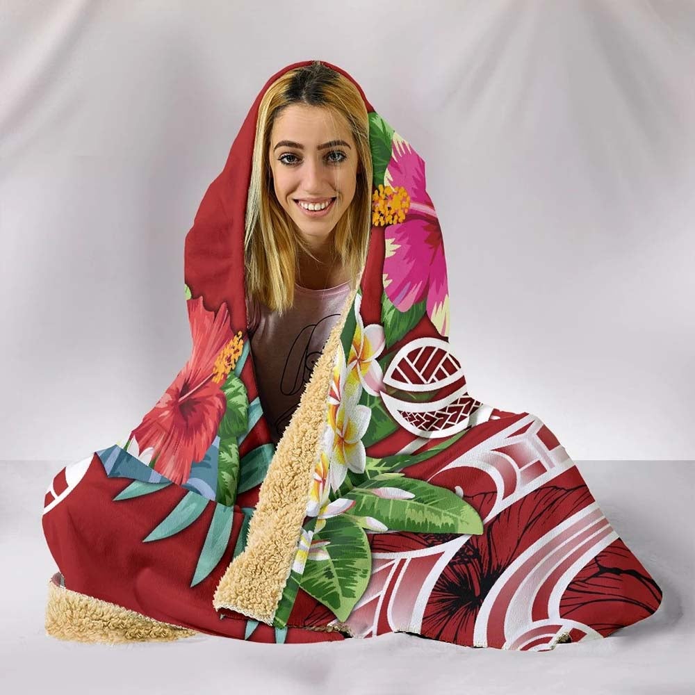 Polynesian Hawaii Kanaka Maoli Hooded Blanket - Summer Plumeria (Red)