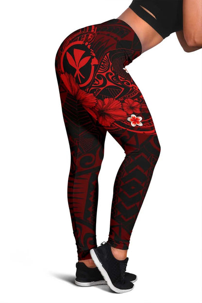 Polynesian Hawaii  Kanaka Maoli Legging - Humpback Whale with Hibiscus (Red)
