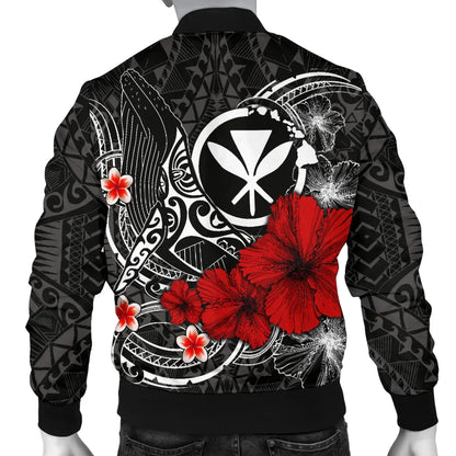 Polynesian Hawaii Kanaka Maoli Bomber Jacket - Humpback Whale with Hibiscus (White)