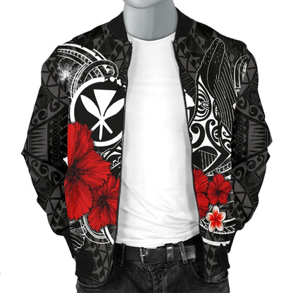 Polynesian Hawaii Kanaka Maoli Bomber Jacket - Humpback Whale with Hibiscus (White)