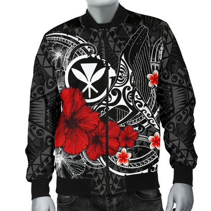 Polynesian Hawaii Kanaka Maoli Bomber Jacket - Humpback Whale with Hibiscus (White)