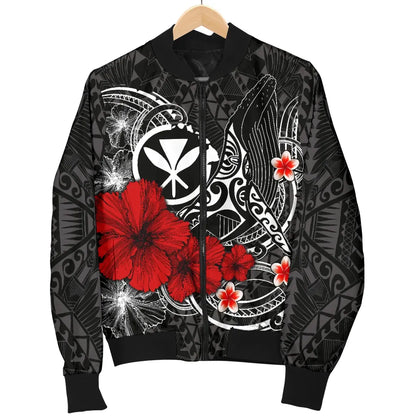 Polynesian Hawaii Kanaka Maoli Bomber Jacket - Humpback Whale with Hibiscus (White)