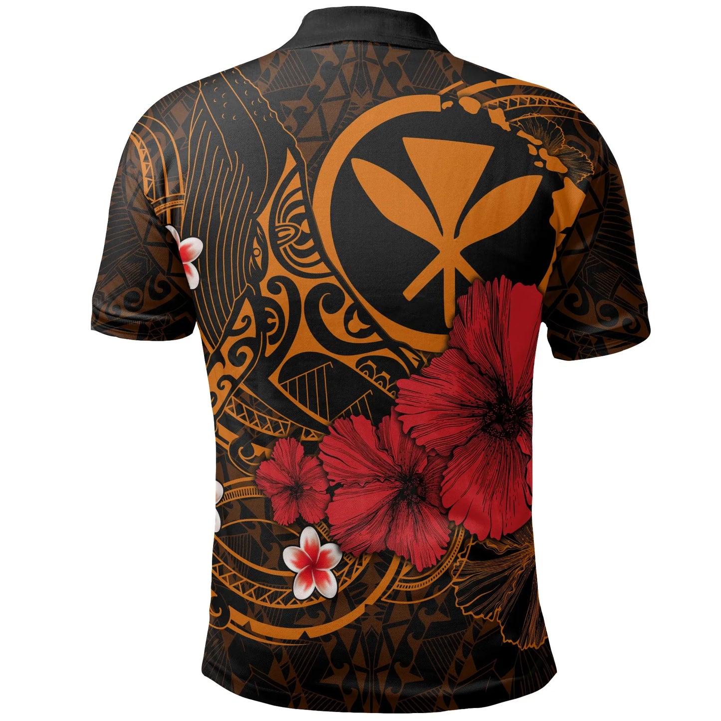 Polynesian Hawaii  Kanaka Maoli Polo Shirts - Humpback Whale with Hibiscus (Golden)