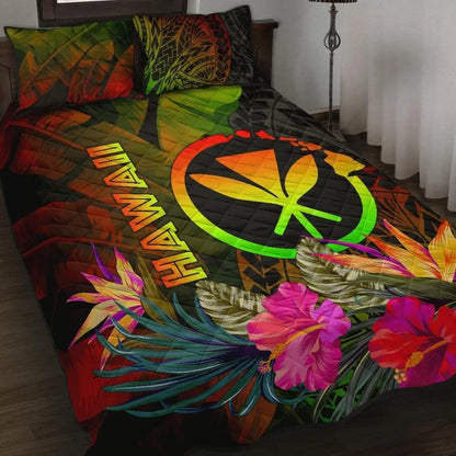 Polynesian Hawaii Kanaka Maoli Polynesian Quilt Bed Set - Hibiscus and Banana Leaves