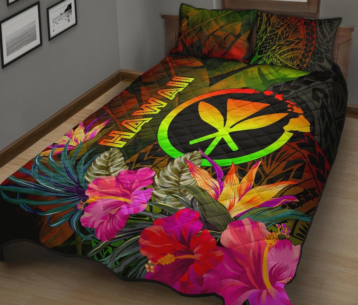 Polynesian Hawaii Kanaka Maoli Polynesian Quilt Bed Set - Hibiscus and Banana Leaves