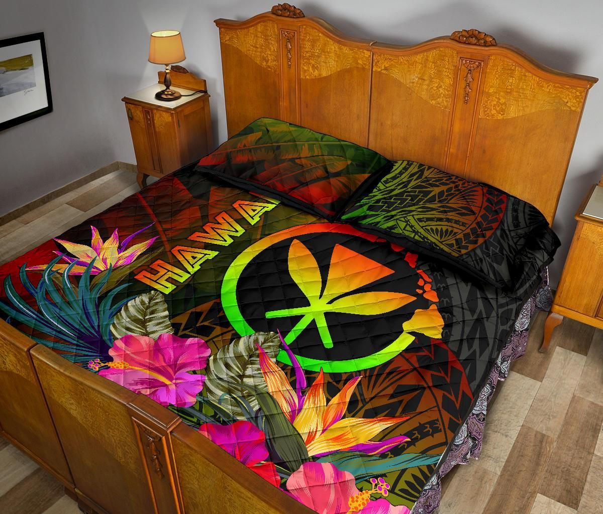 Polynesian Hawaii Kanaka Maoli Polynesian Quilt Bed Set - Hibiscus and Banana Leaves