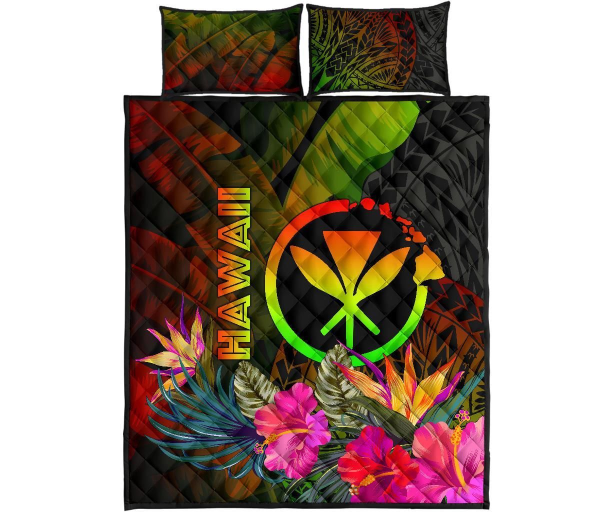 Polynesian Hawaii Kanaka Maoli Polynesian Quilt Bed Set - Hibiscus and Banana Leaves