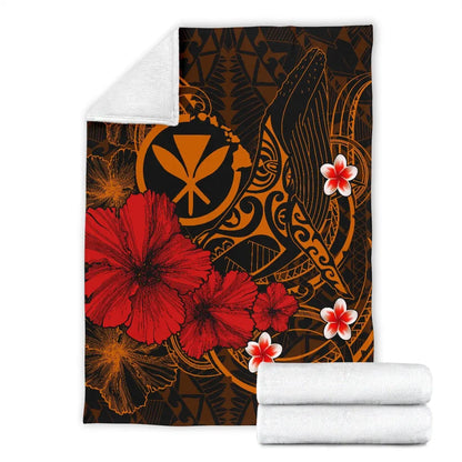 Polynesian Hawaii  Kanaka Maoli Premium Blanket - Humpback Whale with Hibiscus (Golden)