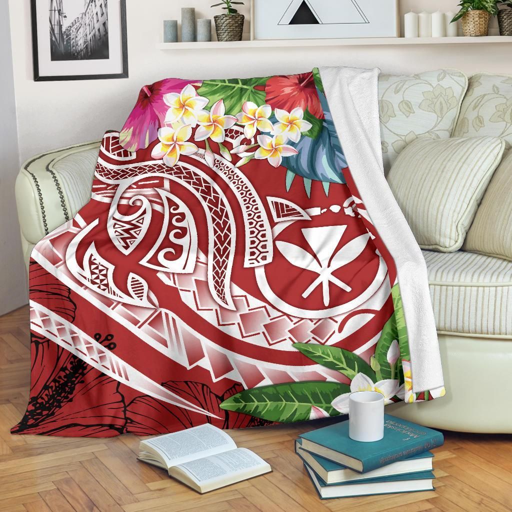 Polynesian Hawaii Kanaka Maoli Premium Blanket - Summer Plumeria (Red)