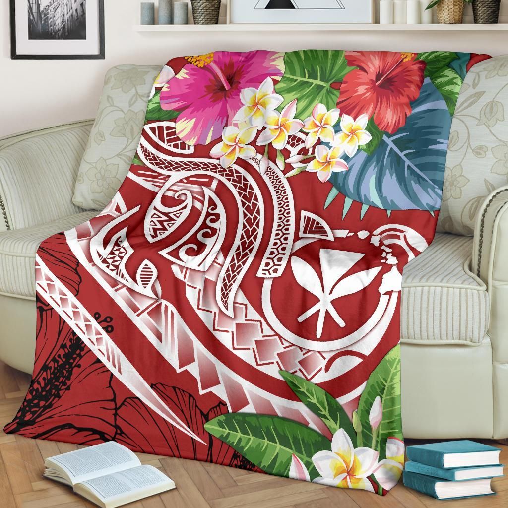 Polynesian Hawaii Kanaka Maoli Premium Blanket - Summer Plumeria (Red)