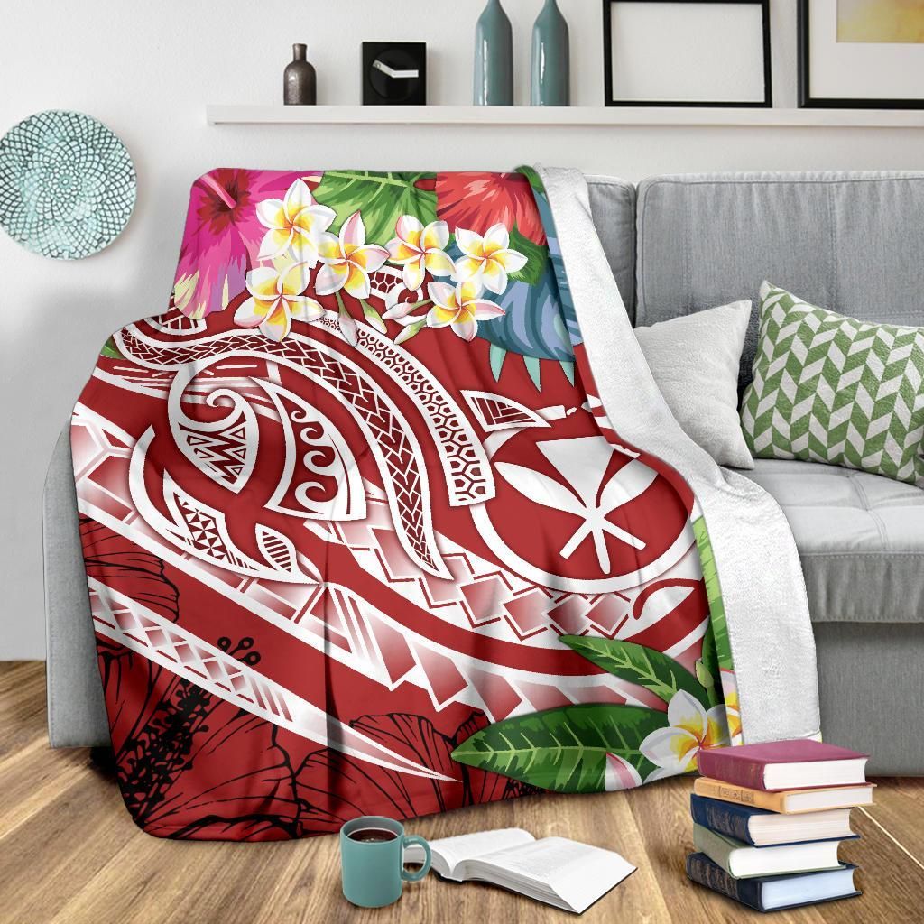 Polynesian Hawaii Kanaka Maoli Premium Blanket - Summer Plumeria (Red)
