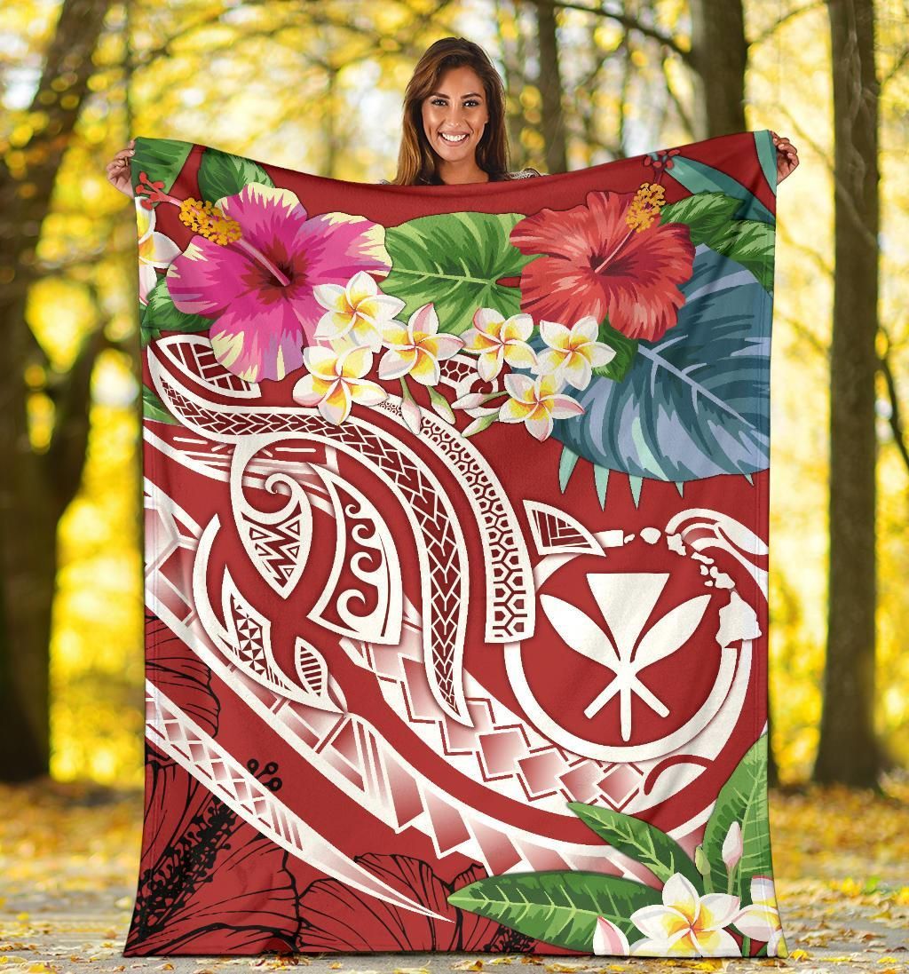 Polynesian Hawaii Kanaka Maoli Premium Blanket - Summer Plumeria (Red)