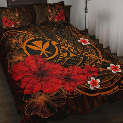 Polynesian Hawaii Kanaka Maoli Quilt Bed Set - Humpback Whale with Hibiscus (Golden)