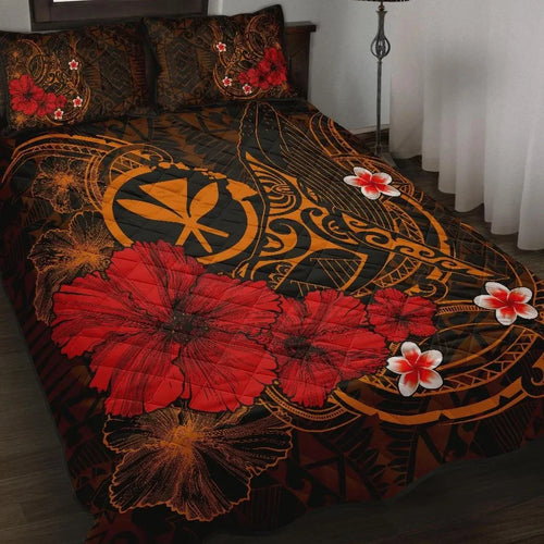 Polynesian Hawaii Kanaka Maoli Quilt Bed Set - Humpback Whale with Hibiscus (Golden)