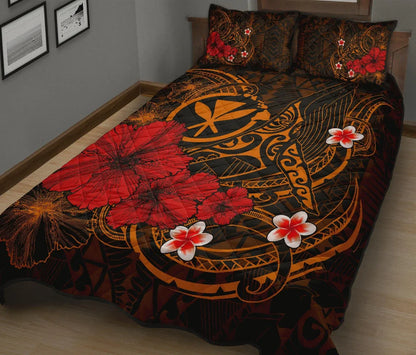 Polynesian Hawaii Kanaka Maoli Quilt Bed Set - Humpback Whale with Hibiscus (Golden)