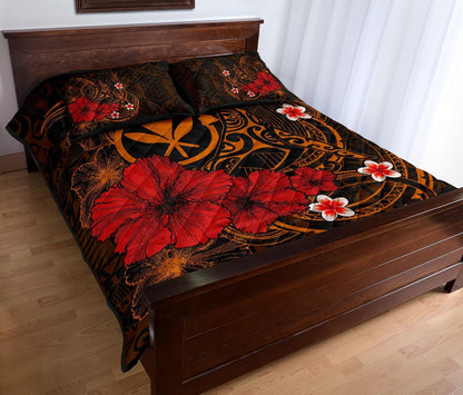 Polynesian Hawaii Kanaka Maoli Quilt Bed Set - Humpback Whale with Hibiscus (Golden)