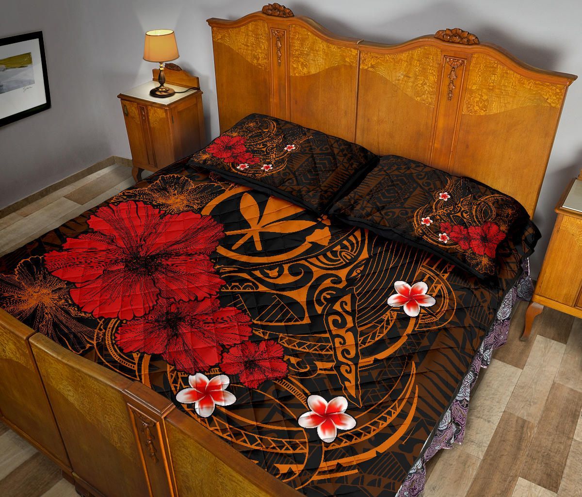 Polynesian Hawaii Kanaka Maoli Quilt Bed Set - Humpback Whale with Hibiscus (Golden)