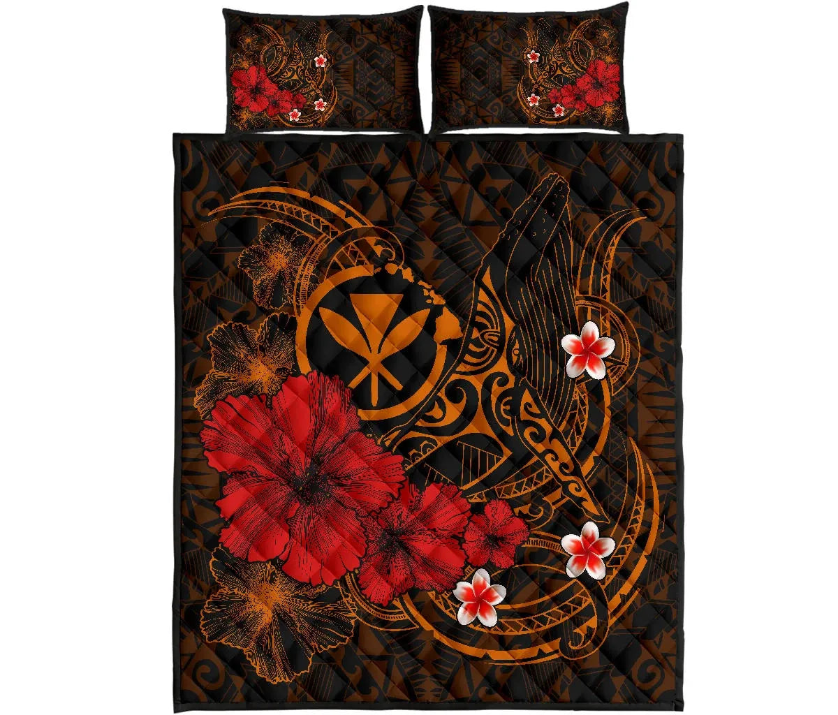 Polynesian Hawaii Kanaka Maoli Quilt Bed Set - Humpback Whale with Hibiscus (Golden)