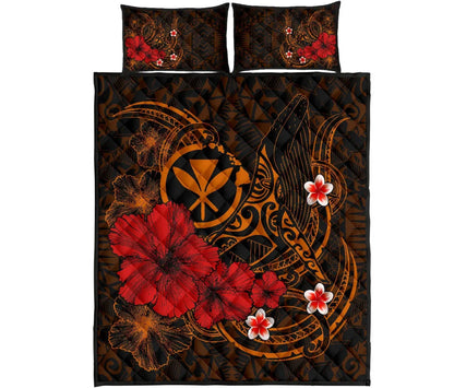 Polynesian Hawaii Kanaka Maoli Quilt Bed Set - Humpback Whale with Hibiscus (Golden)