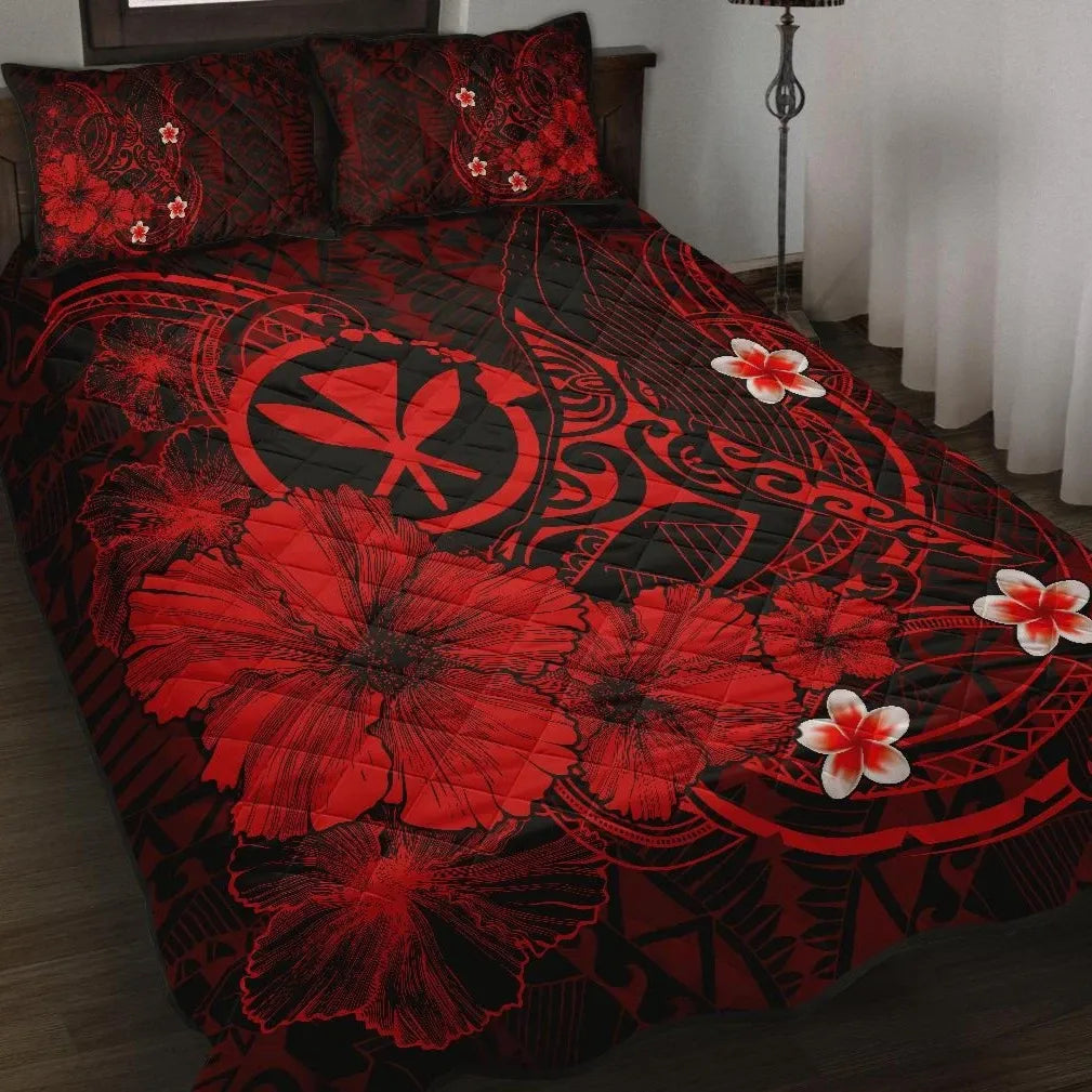 Polynesian Hawaii Kanaka Maoli Quilt Bed Set - Humpback Whale with Hibiscus (Red)