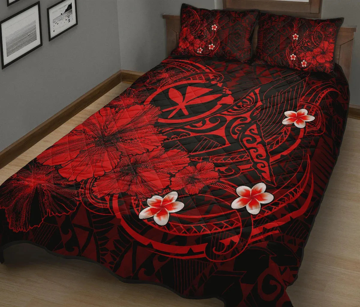 Polynesian Hawaii Kanaka Maoli Quilt Bed Set - Humpback Whale with Hibiscus (Red)