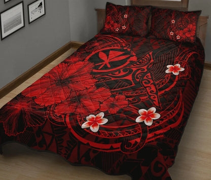 Polynesian Hawaii Kanaka Maoli Quilt Bed Set - Humpback Whale with Hibiscus (Red)