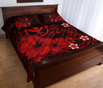 Polynesian Hawaii Kanaka Maoli Quilt Bed Set - Humpback Whale with Hibiscus (Red)