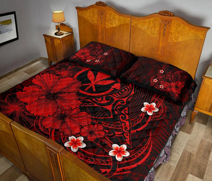 Polynesian Hawaii Kanaka Maoli Quilt Bed Set - Humpback Whale with Hibiscus (Red)