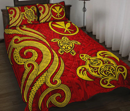 Hawaii Polynesian Quilt Bed Set - Kanaka Maoli Tentacle Turtle Red