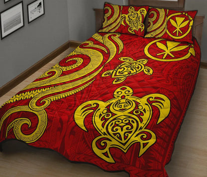 Hawaii Polynesian Quilt Bed Set - Kanaka Maoli Tentacle Turtle Red