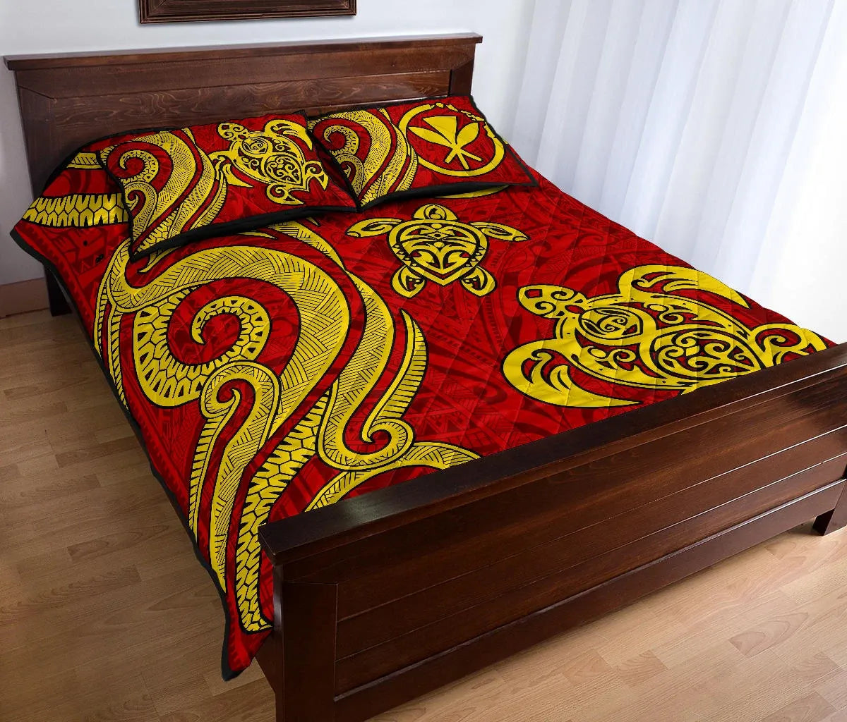 Hawaii Polynesian Quilt Bed Set - Kanaka Maoli Tentacle Turtle Red