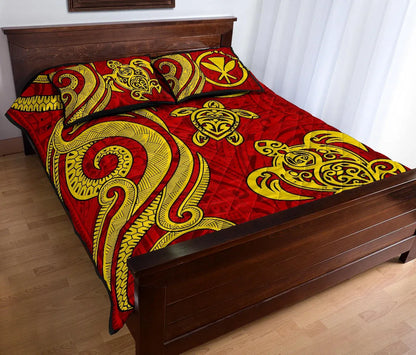 Hawaii Polynesian Quilt Bed Set - Kanaka Maoli Tentacle Turtle Red