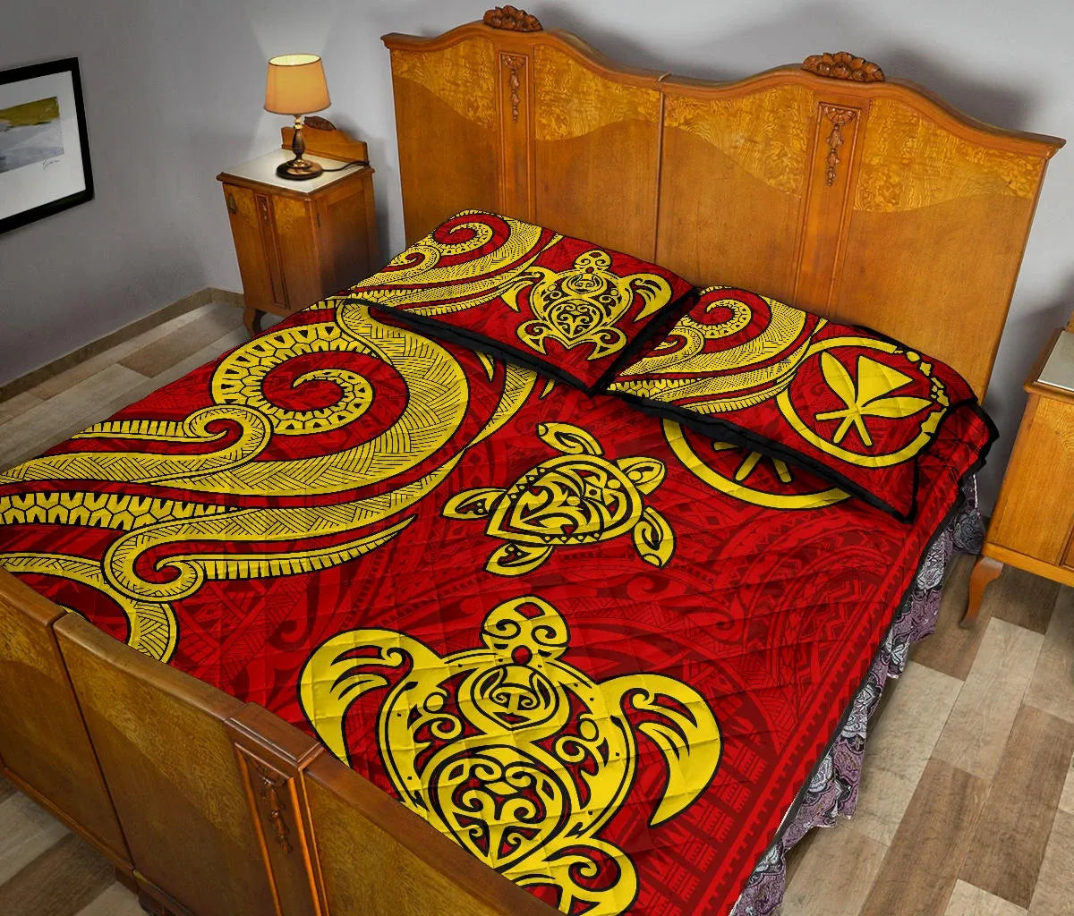 Hawaii Polynesian Quilt Bed Set - Kanaka Maoli Tentacle Turtle Red