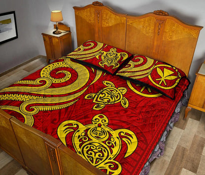 Hawaii Polynesian Quilt Bed Set - Kanaka Maoli Tentacle Turtle Red