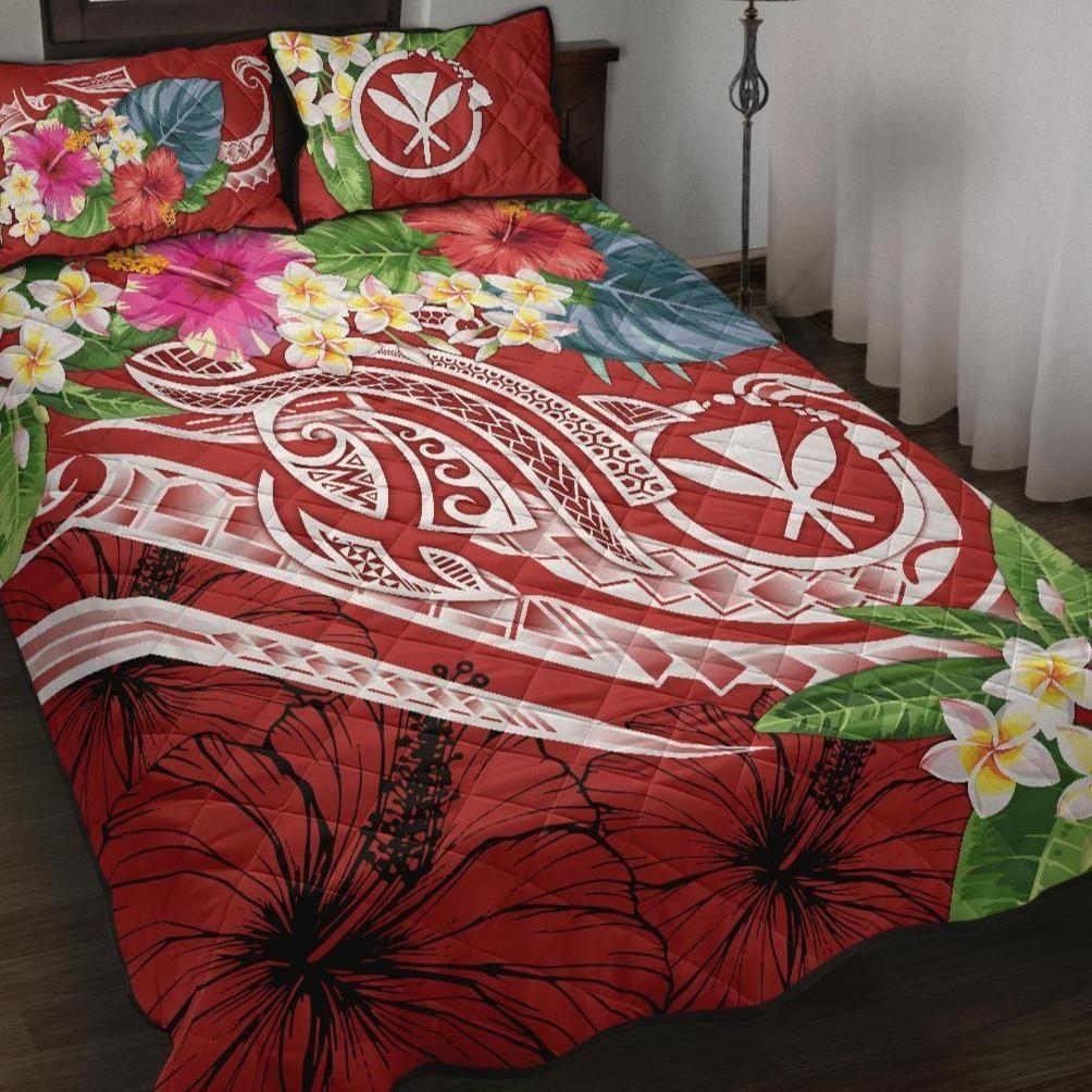 Polynesian Hawaii Kanaka Maoli Quilt Bed Set - Summer Plumeria (Red)