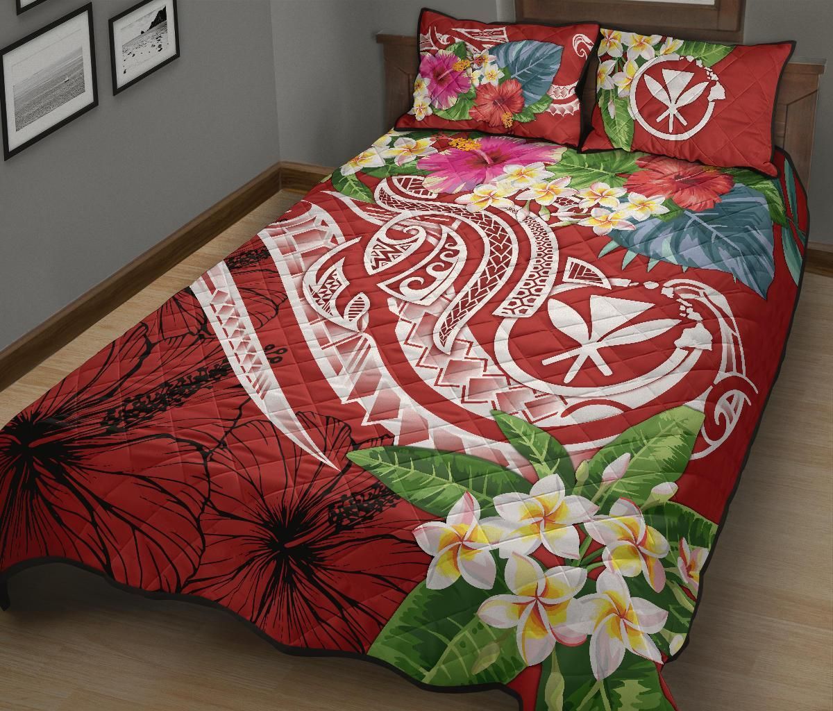 Polynesian Hawaii Kanaka Maoli Quilt Bed Set - Summer Plumeria (Red)