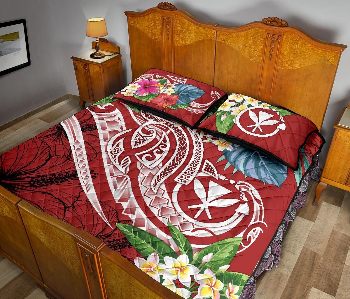 Polynesian Hawaii Kanaka Maoli Quilt Bed Set - Summer Plumeria (Red)