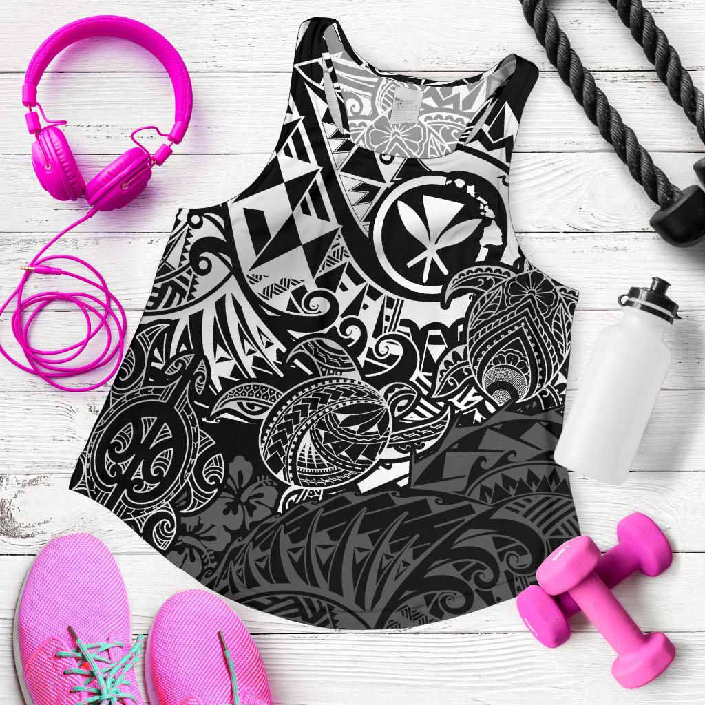 Polynesian Hawaii (Kanaka Maoli) Women Racerback Tank - Black Turtle Hibiscus Flowing