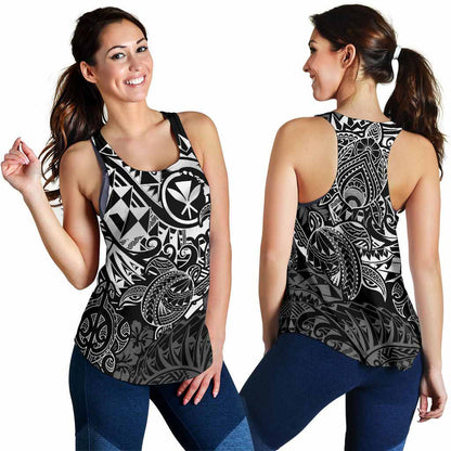 Polynesian Hawaii (Kanaka Maoli) Women Racerback Tank - Black Turtle Hibiscus Flowing