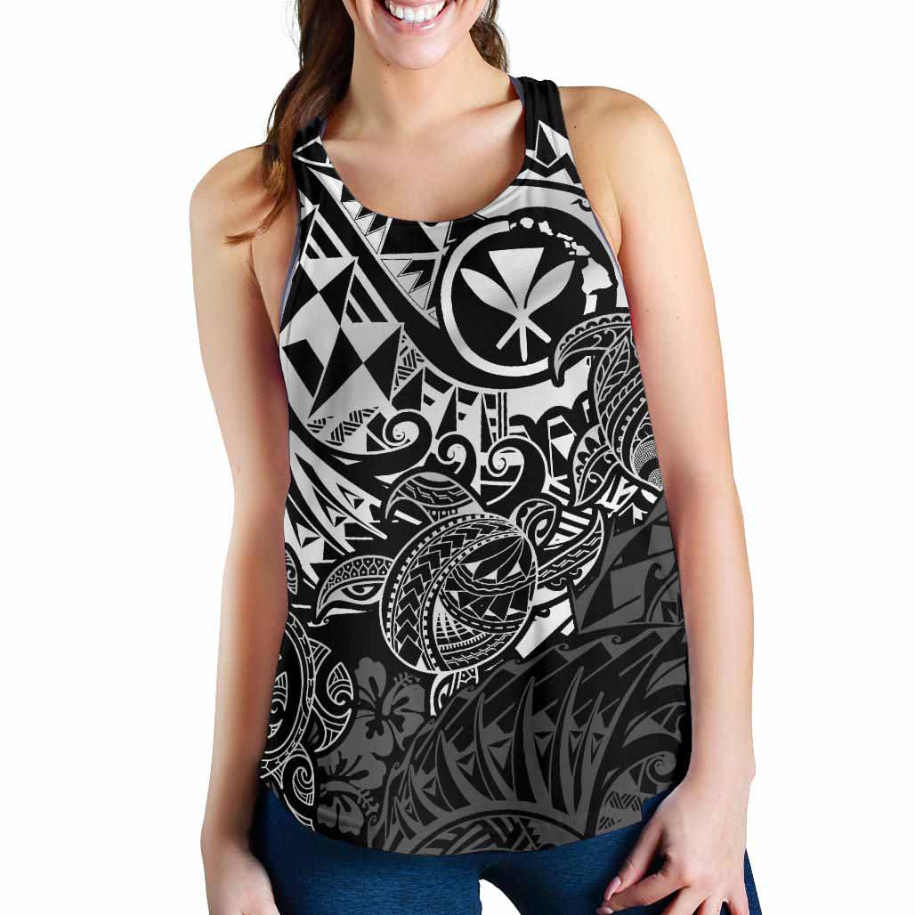Polynesian Hawaii (Kanaka Maoli) Women Racerback Tank - Black Turtle Hibiscus Flowing