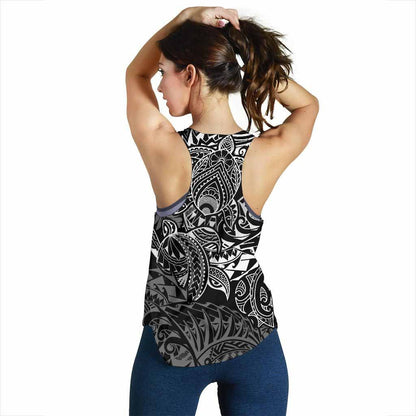 Polynesian Hawaii (Kanaka Maoli) Women Racerback Tank - Black Turtle Hibiscus Flowing