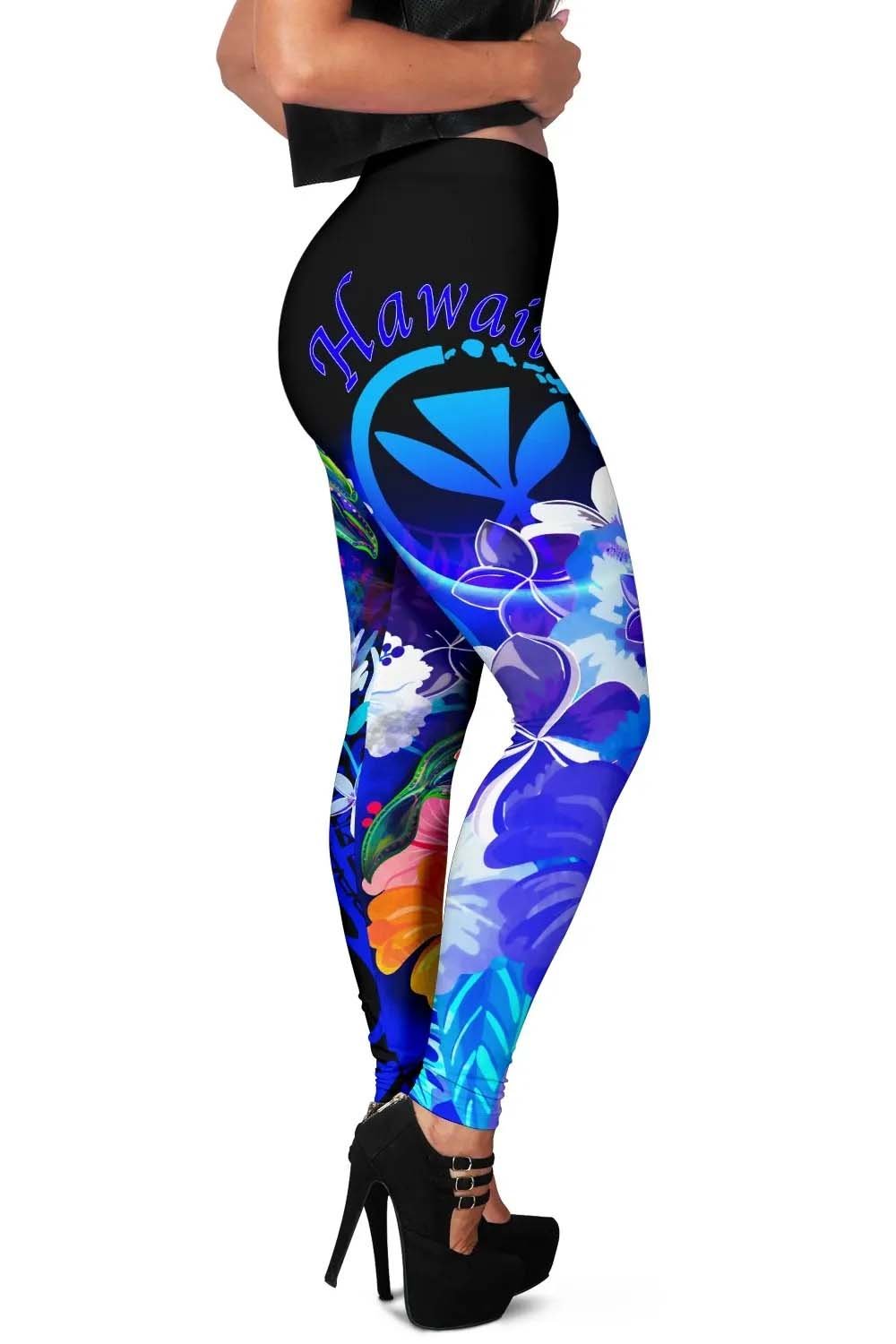 Polynesian Hawaii Legging - Kanaka Maoli Humpback Whale with Tropical Flowers (Blue)