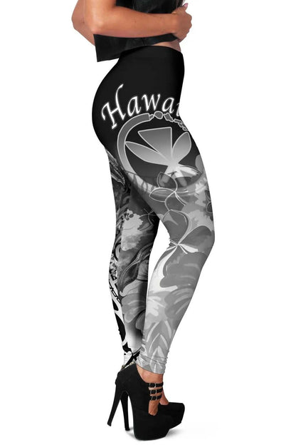 Polynesian Hawaii Legging - Kanaka Maoli Humpback Whale with Tropical Flowers (White)