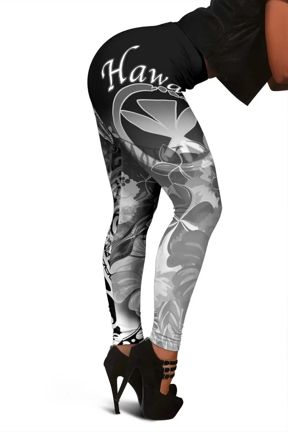 Polynesian Hawaii Legging - Kanaka Maoli Humpback Whale with Tropical Flowers (White)