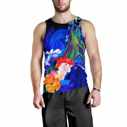 Polynesian Hawaii Men Tank Top - Humpback Whale with Tropical Flowers (Blue)