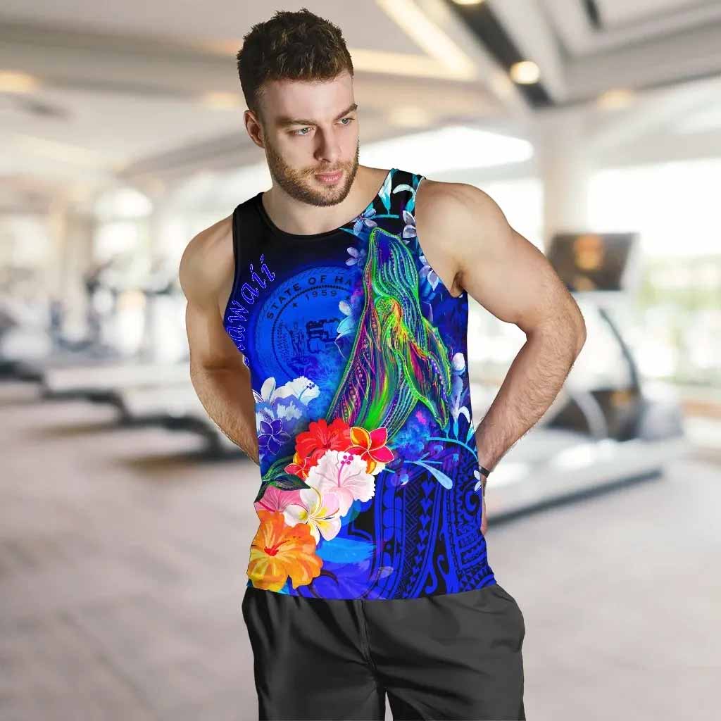 Polynesian Hawaii Men Tank Top - Humpback Whale with Tropical Flowers (Blue)